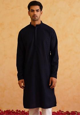 Black Thread Work Cotton Kurta Set For Men