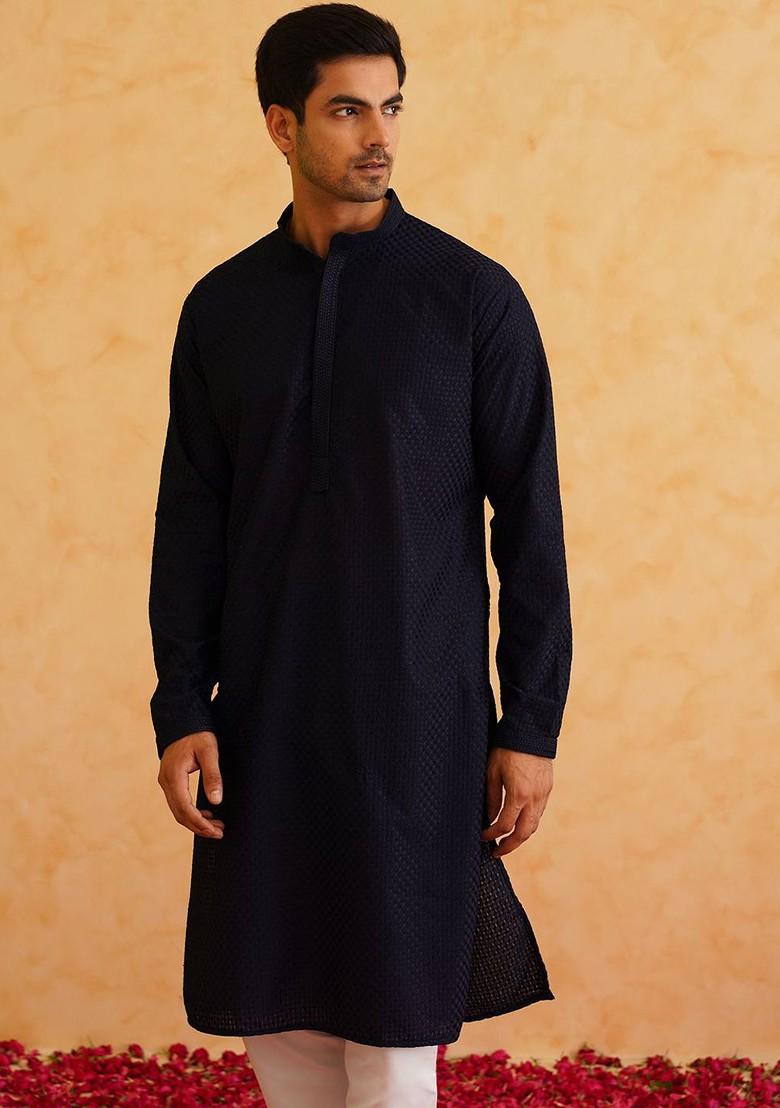 Black Thread Work Cotton Kurta Set For Men