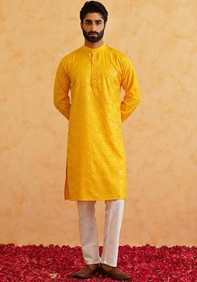 Mustard Woven Cotton Kurta Set For Men