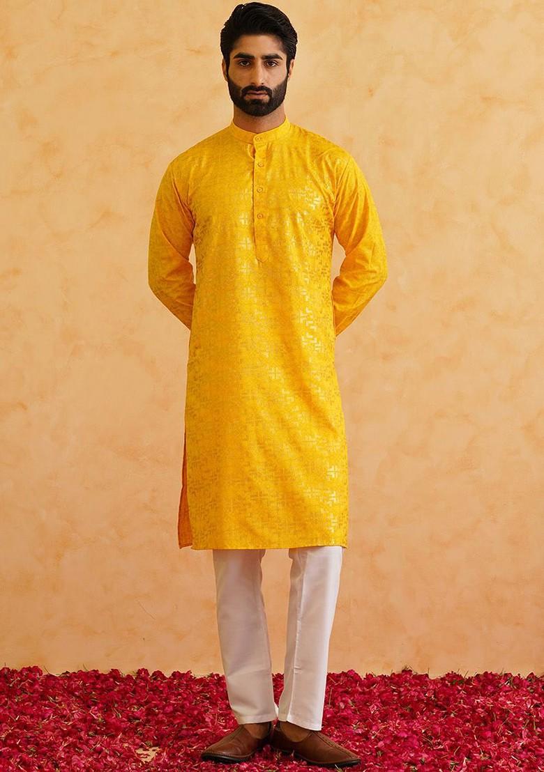 Mustard Woven Cotton Kurta Set For Men