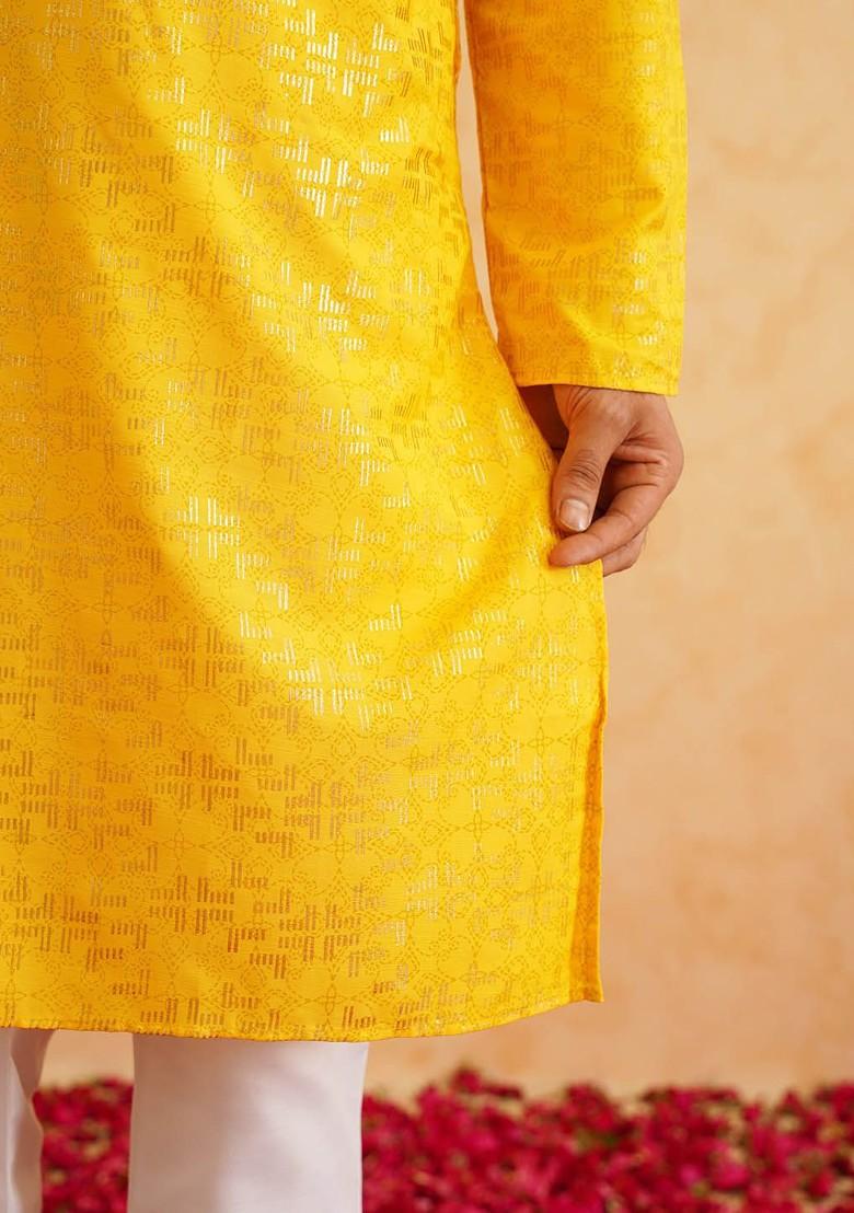 Mustard Woven Cotton Kurta Set For Men