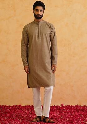 Coffee Brown Thread Work Cotton Kurta Set For Men