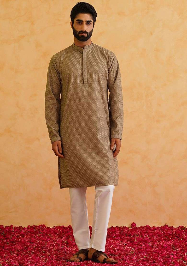 Coffee Brown Thread Work Cotton Kurta Set For Men - Indya