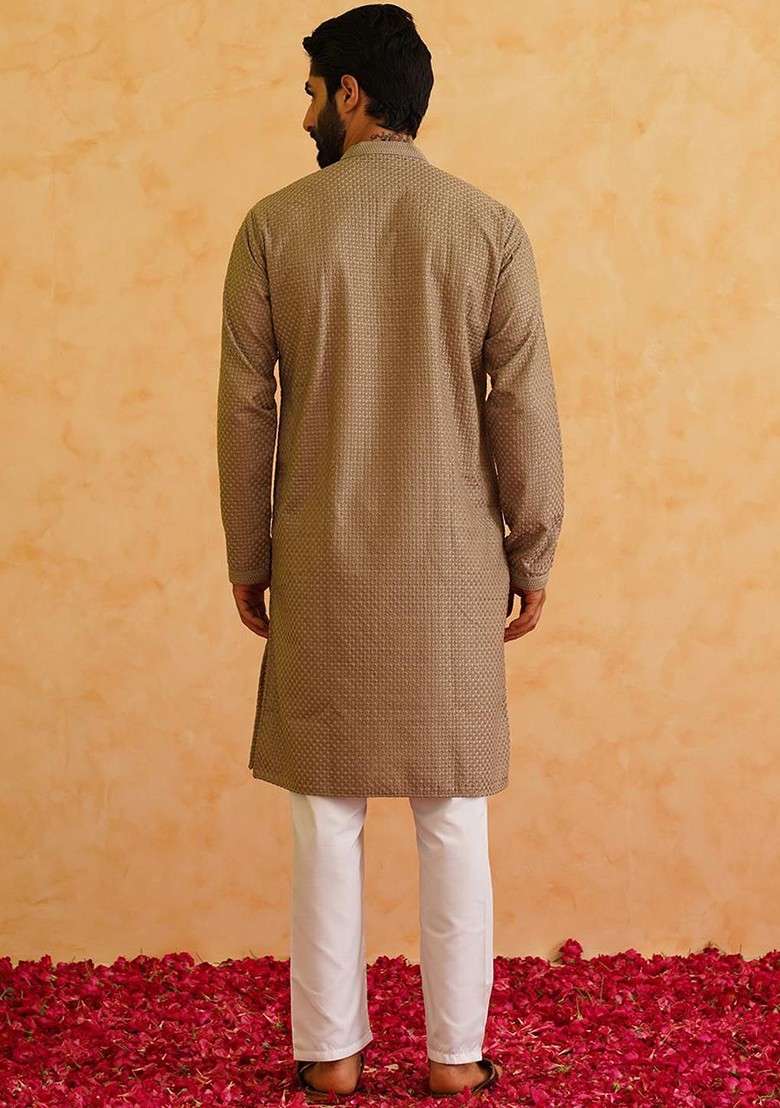 Coffee Brown Thread Work Cotton Kurta Set For Men - Indya