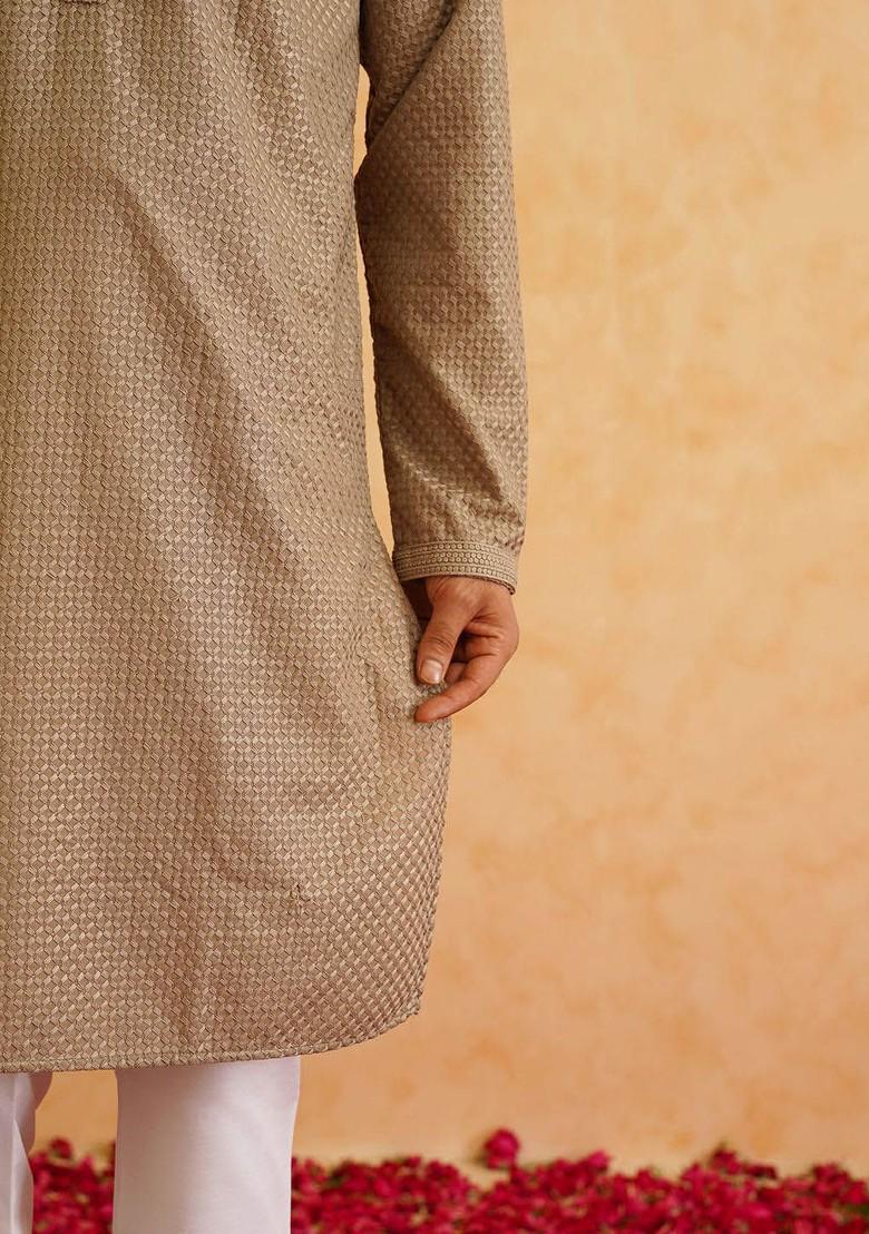 Coffee Brown Thread Work Cotton Kurta Set For Men