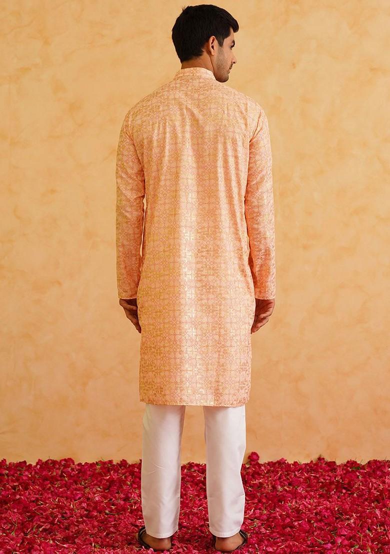 Peach Ethnic Motifs Cotton Kurta Set For Men