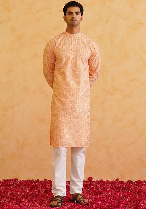 Peach Ethnic Motifs Cotton Kurta Set For Men