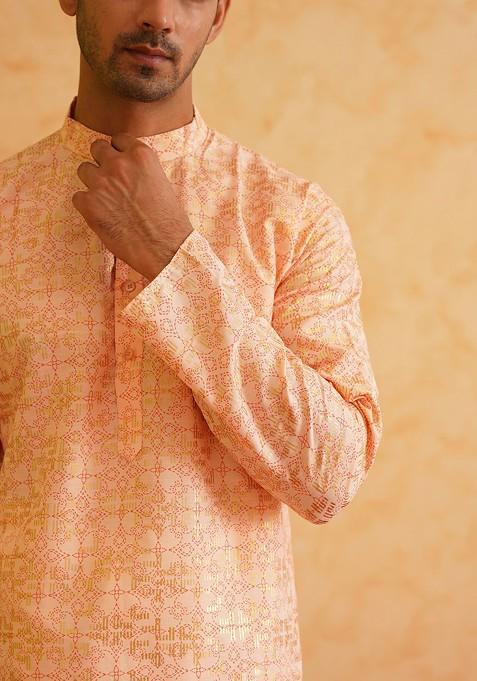Peach Ethnic Motifs Cotton Kurta Set For Men