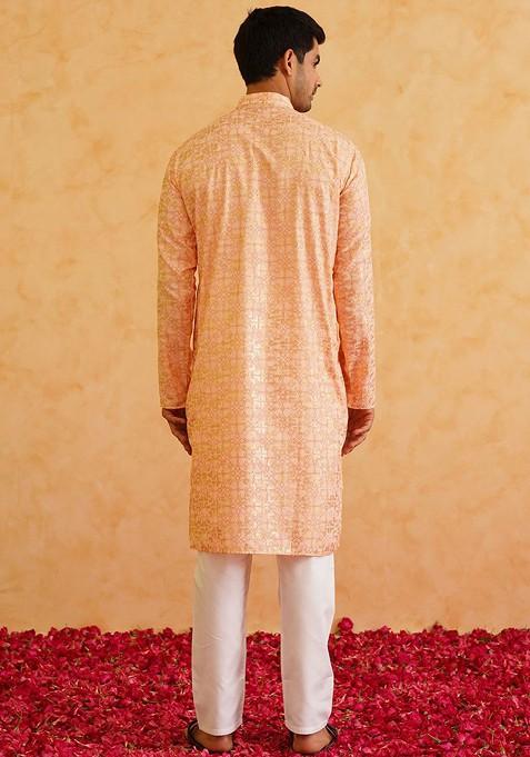 Peach Ethnic Motifs Cotton Kurta Set For Men