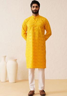 Mustard Solid Cotton Kurta Set For Men
