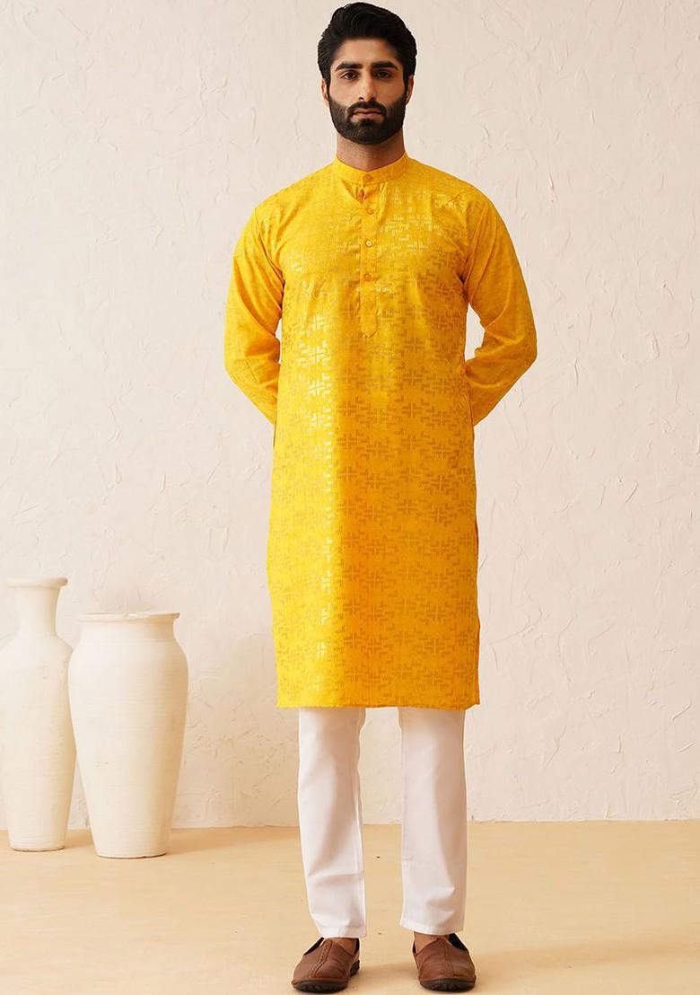 Mustard Solid Cotton Kurta Set For Men