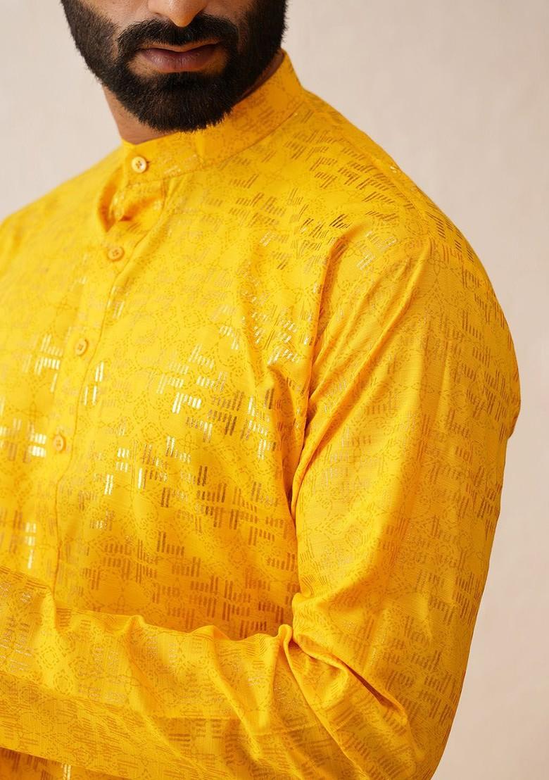 Mustard Solid Cotton Kurta Set For Men