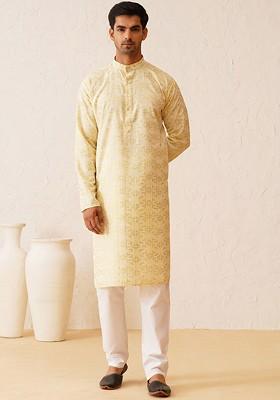 Yellow Woven Cotton Kurta Set For Men