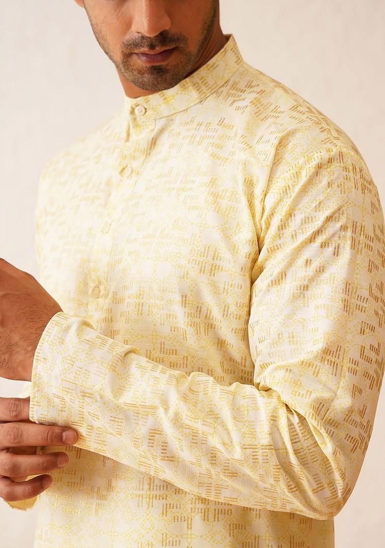 Yellow Woven Cotton Kurta Set For Men