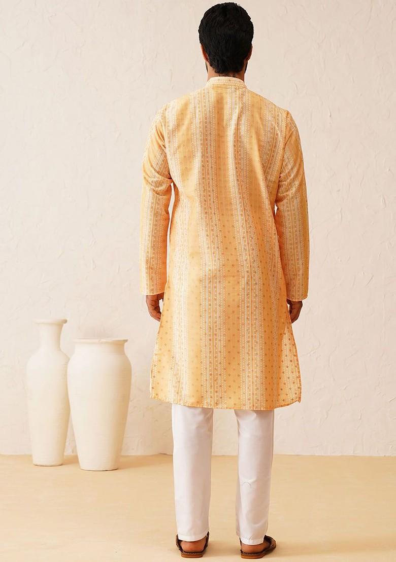 Mustard Ethnic Motifs Cotton Kurta Set For Men
