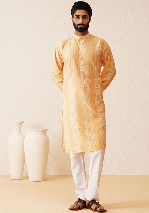 Mustard Ethnic Motifs Cotton Kurta Set For Men