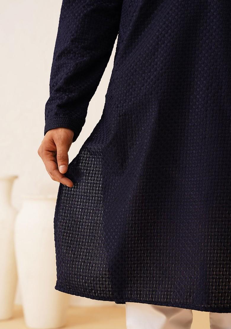 Black Thread Work Cotton Kurta Set For Men