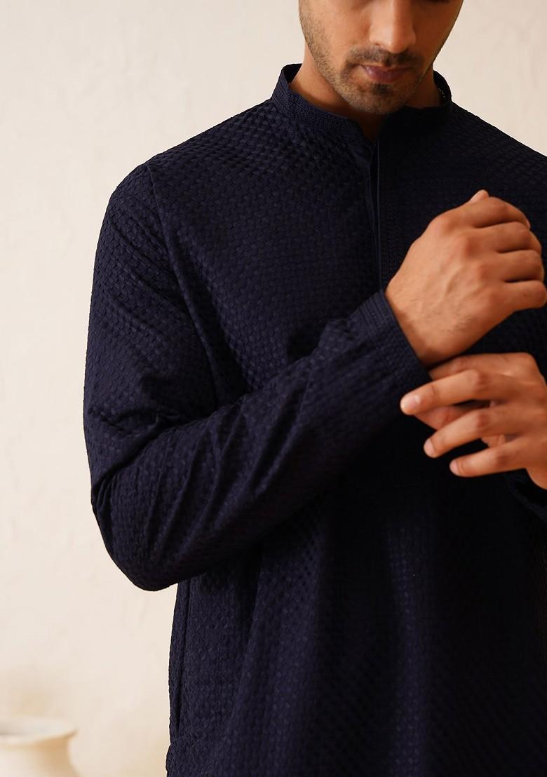 Black Thread Work Cotton Kurta Set For Men
