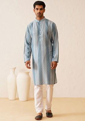 Teal Blue Printed Poly Blend Kurta Set For Men
