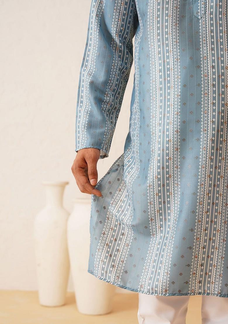 Teal Blue Printed Poly Blend Kurta Set For Men