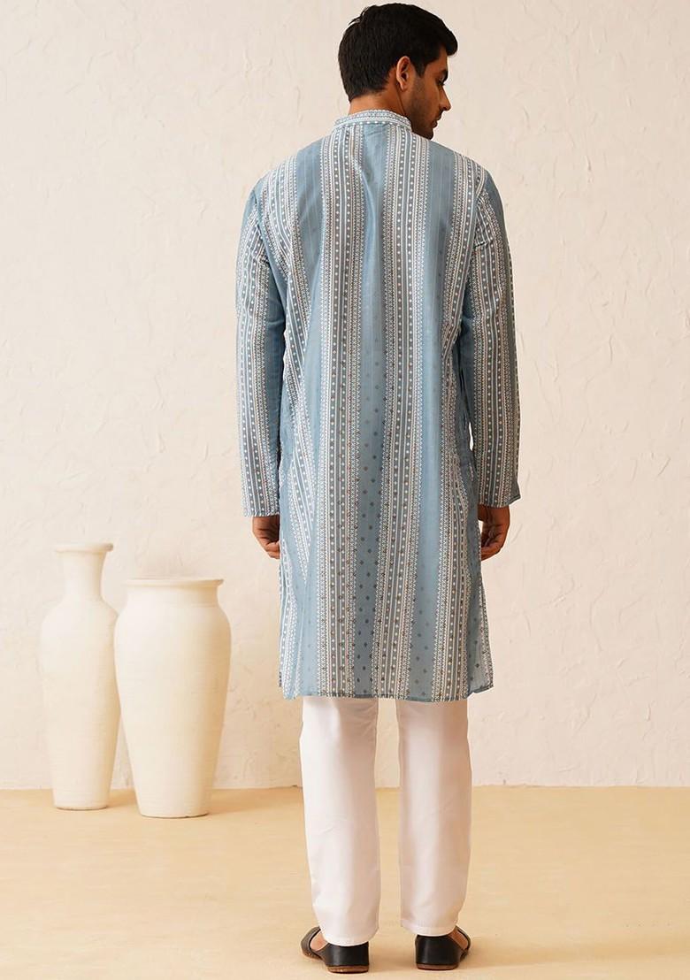 Teal Blue Printed Poly Blend Kurta Set For Men