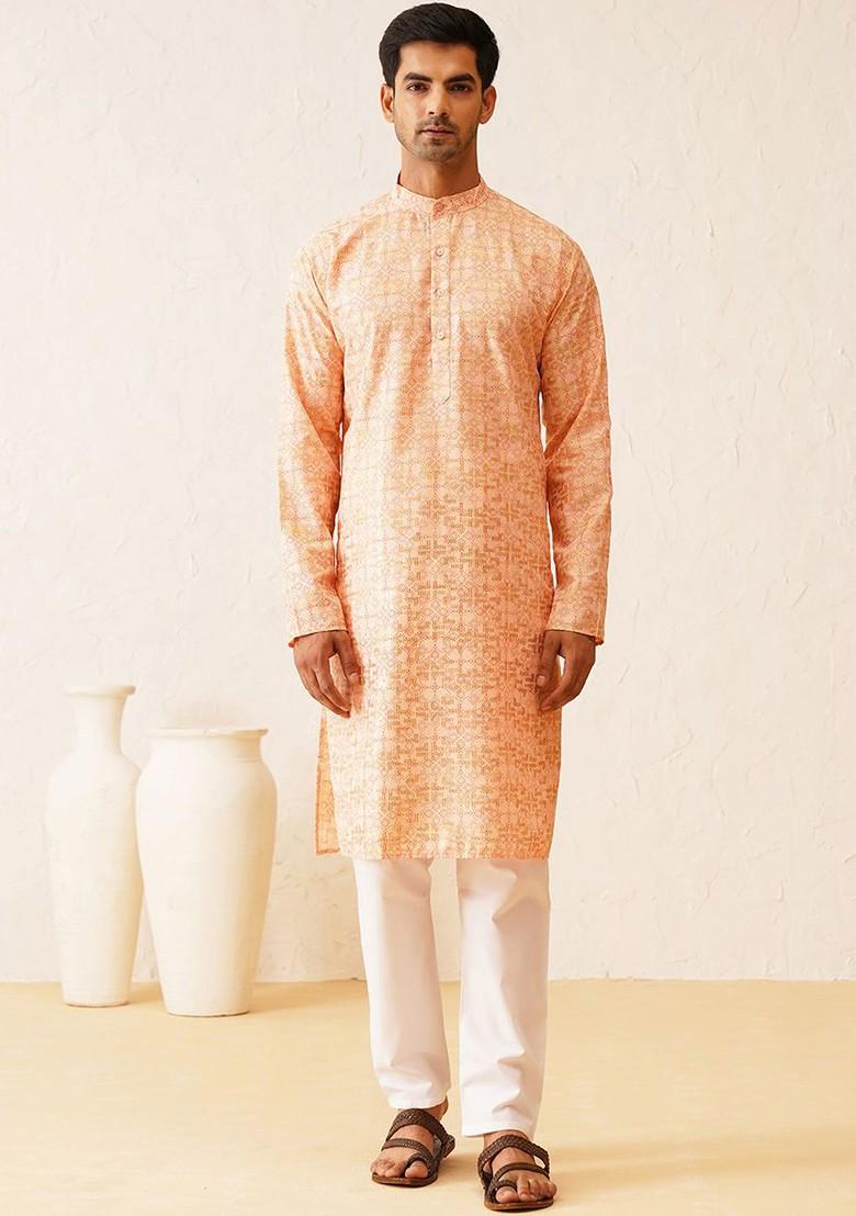 Peach Printed Cotton Kurta Set For Men