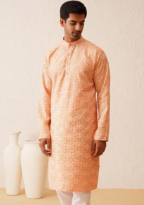 Peach Printed Cotton Kurta Set For Men