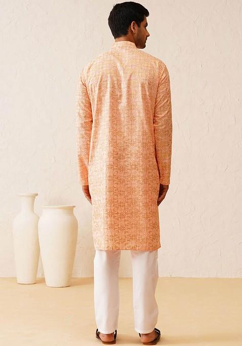 Peach Printed Cotton Kurta Set For Men