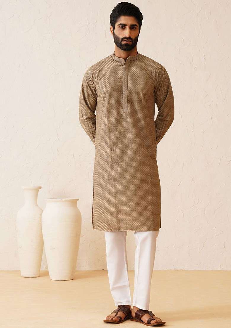 Coffee Brown Thread Work Cotton Kurta Set For Men - Indya