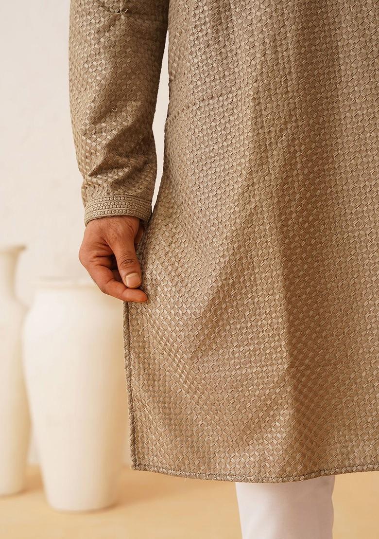 Coffee Brown Thread Work Cotton Kurta Set For Men