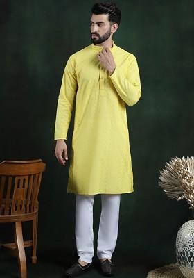 Yellow Thread Work Cotton Kurta Set For Men