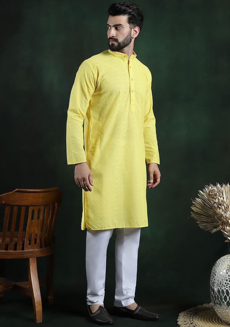 Yellow Thread Work Cotton Kurta Set For Men