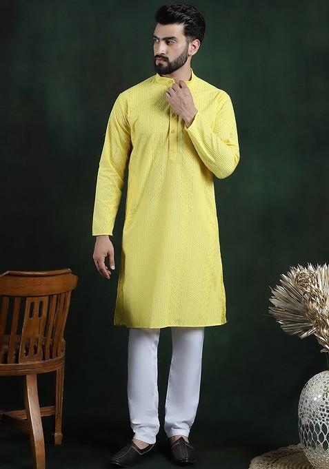 Yellow Thread Work Cotton Kurta Set For Men
