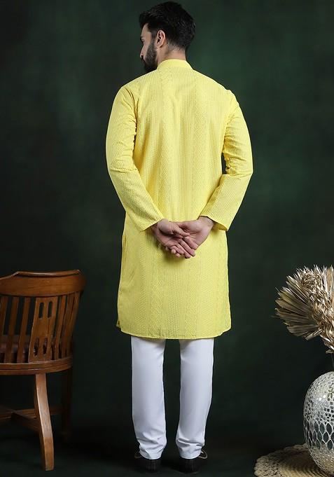Yellow Thread Work Cotton Kurta Set For Men
