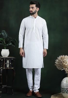White Thread Work Cotton Kurta Set For Men