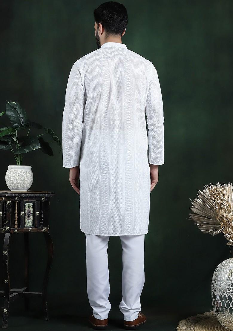White Thread Work Cotton Kurta Set For Men
