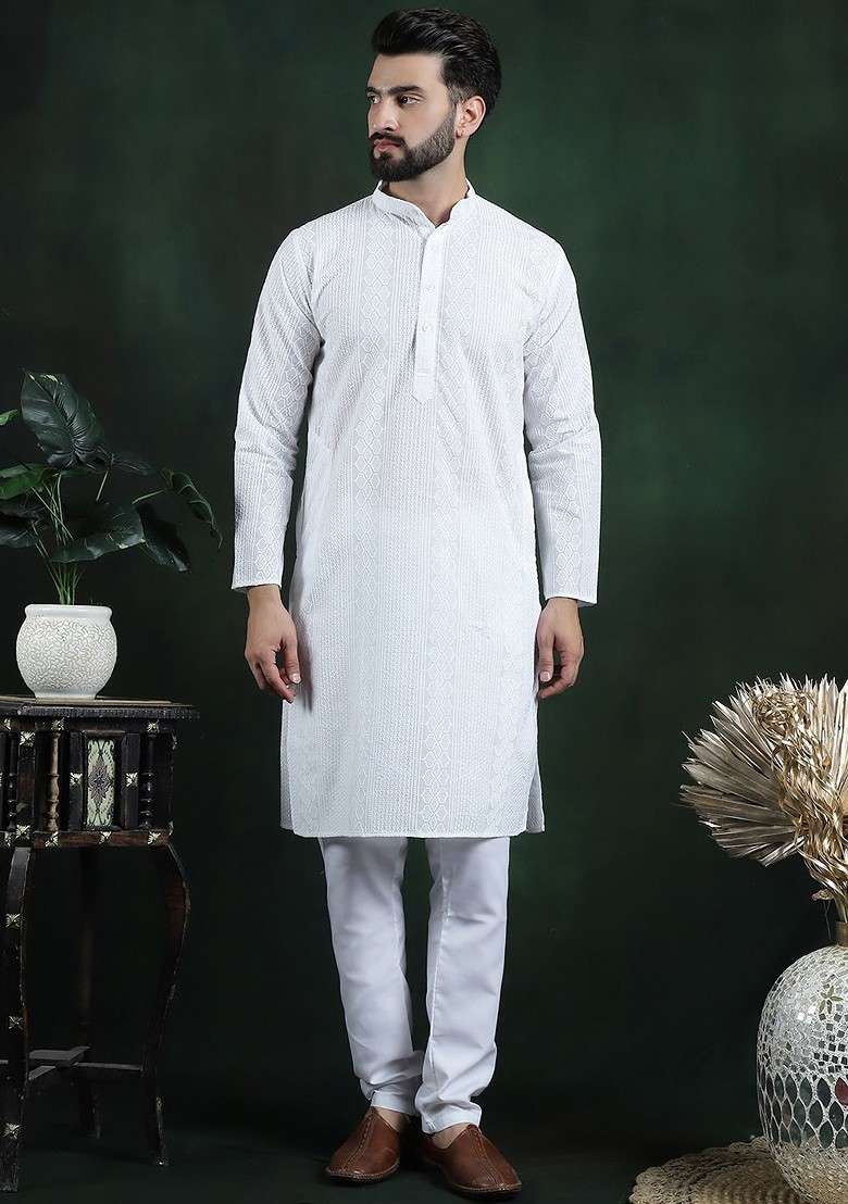 White Thread Work Cotton Kurta Set For Men - Indya