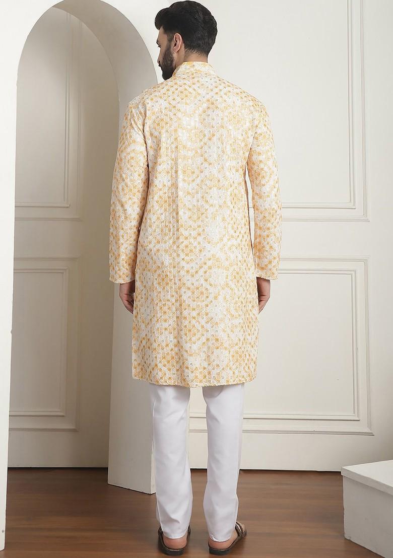 Mustard Embroidered Cotton Kurta Set For Men