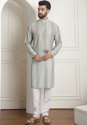 Green Striped Poly Blend Kurta Set For Men