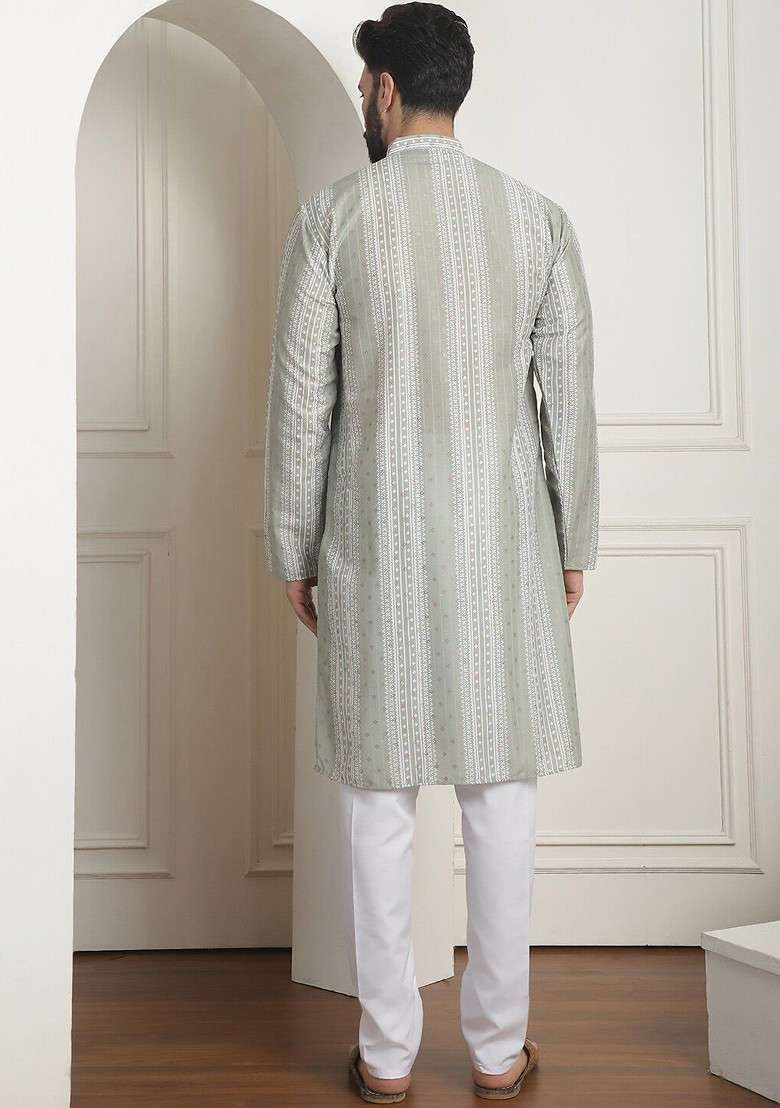 Green Striped Poly Blend Kurta Set For Men - Indya