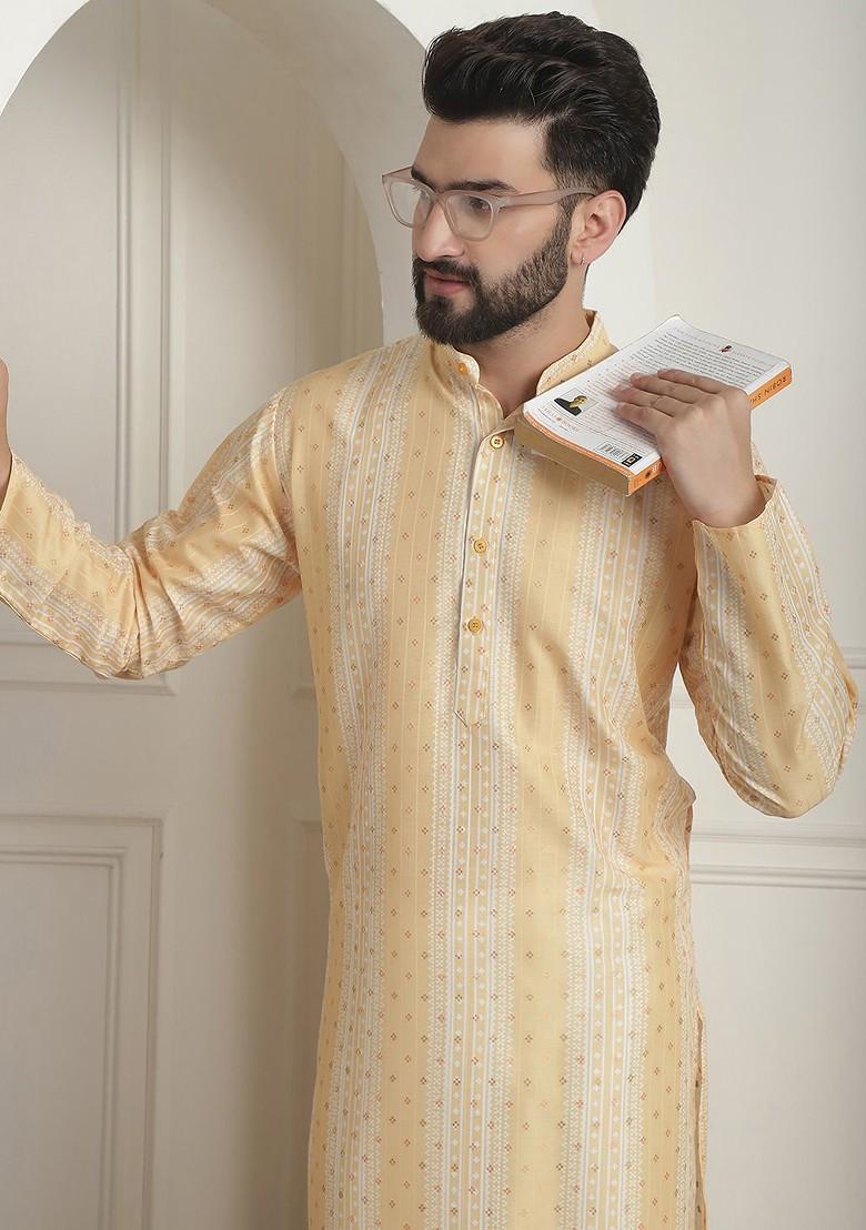 Mustard Ethnic Motifs Poly Blend Kurta Set For Men