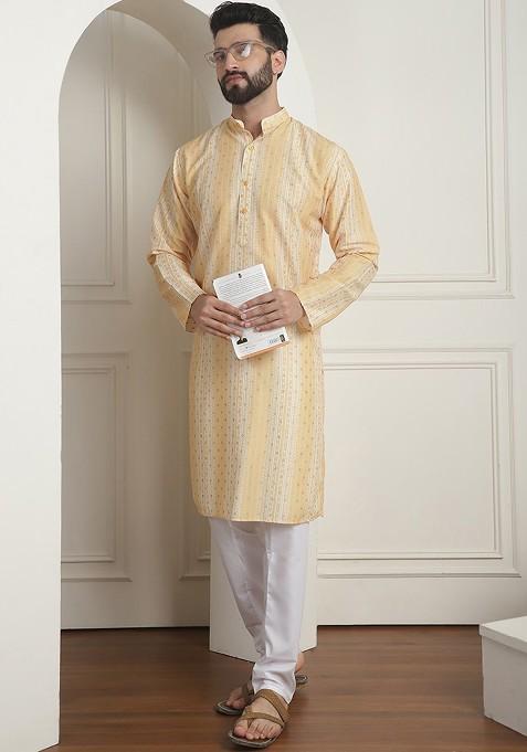 Mustard Ethnic Motifs Poly Blend Kurta Set For Men
