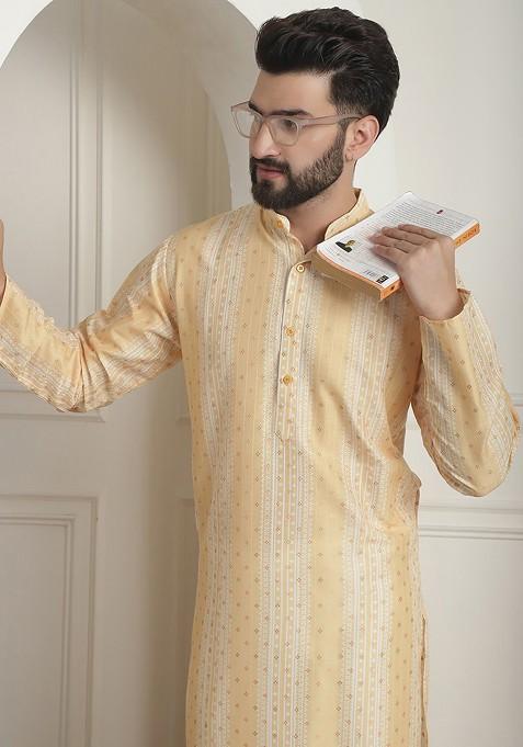 Mustard Ethnic Motifs Poly Blend Kurta Set For Men