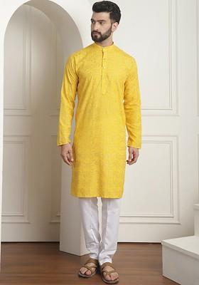 Mustard Ethnic Motifs Cotton Kurta Set For Men