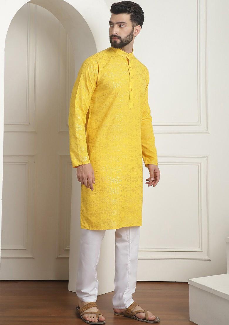 Mustard Ethnic Motifs Cotton Kurta Set For Men