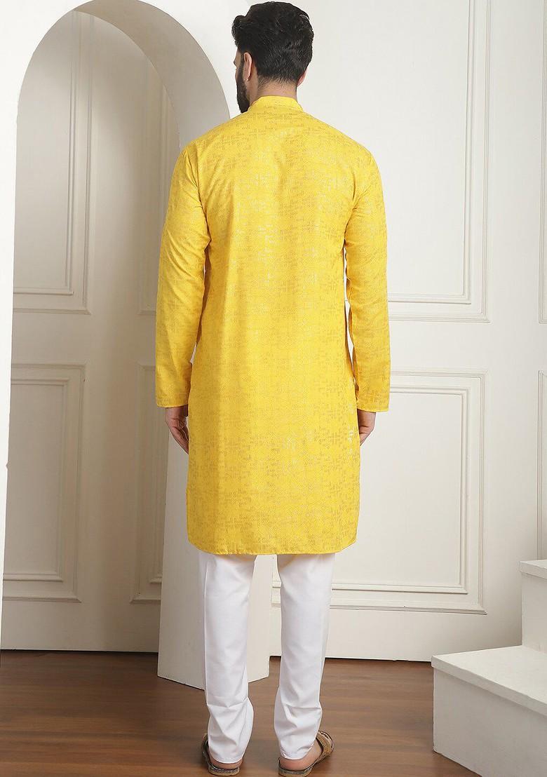 Mustard Ethnic Motifs Cotton Kurta Set For Men