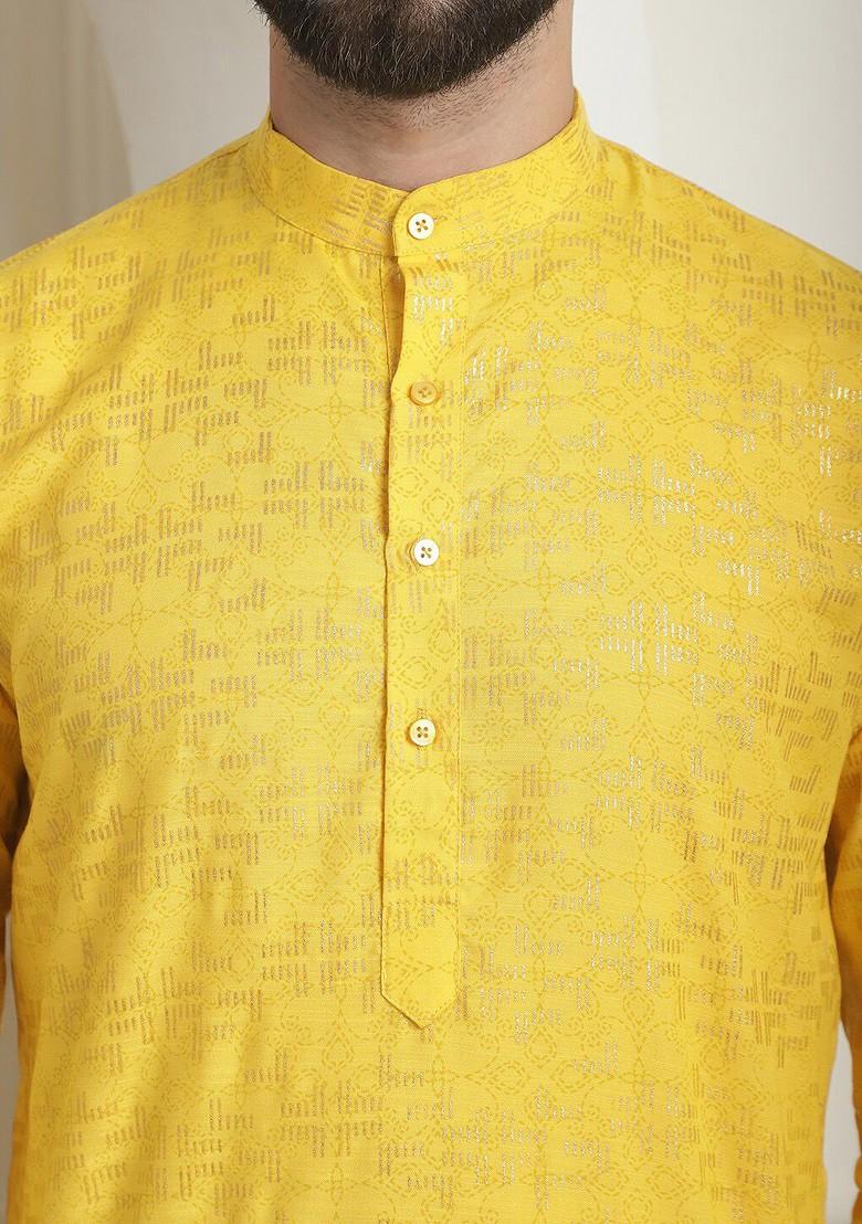 Mustard Ethnic Motifs Cotton Kurta Set For Men