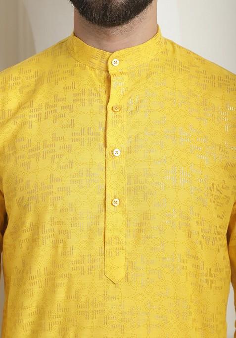 Mustard Ethnic Motifs Cotton Kurta Set For Men