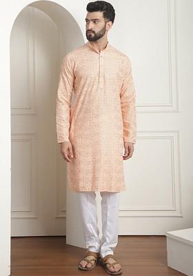 Peach Ethnic Motifs Cotton Kurta Set For Men