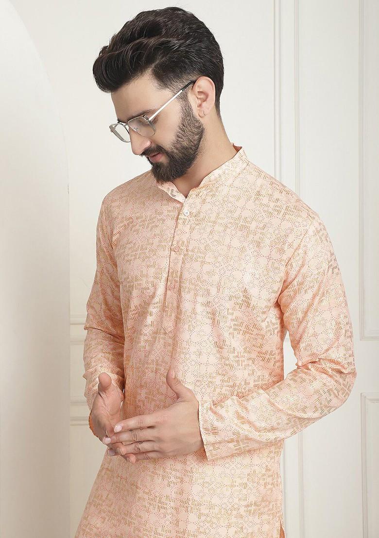 Peach Ethnic Motifs Cotton Kurta Set For Men
